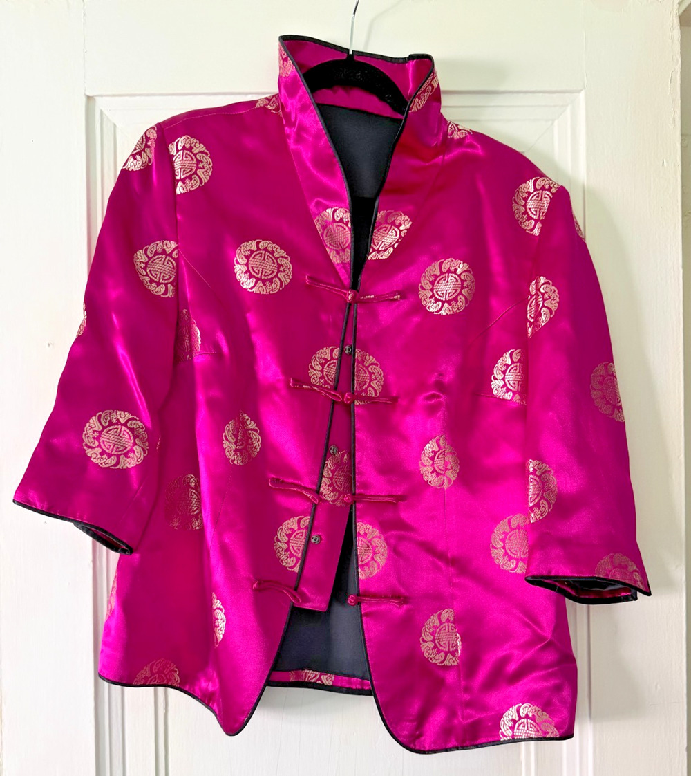 Fuschia & Gold Silk Tang Style Jacket with Frog Closures Lined in Black
